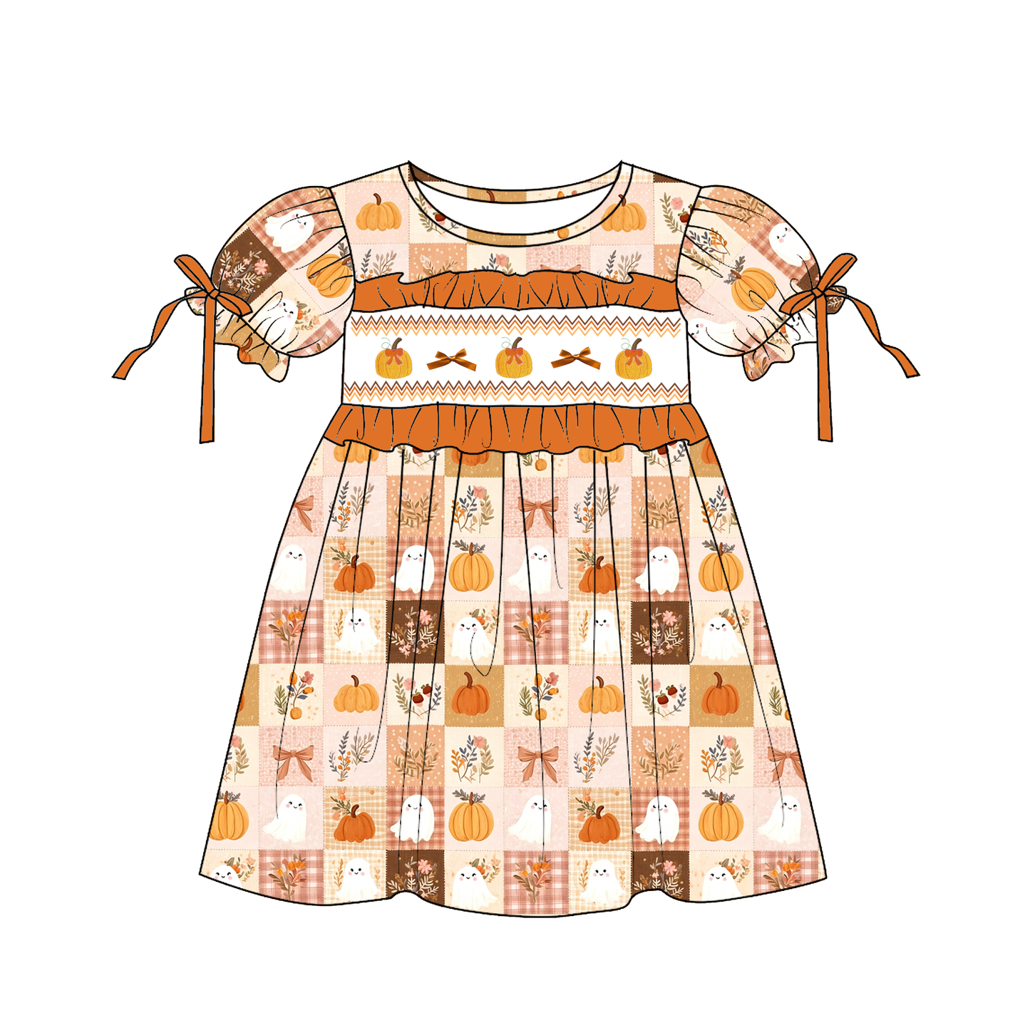 Fall Halloween Pumpkin Ghost Smock Embroidery Dress & Romper