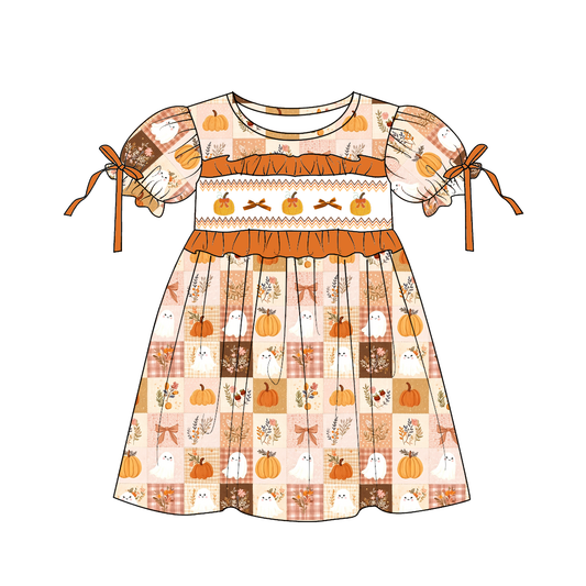 Fall Halloween Pumpkin Ghost Smock Embroidery Dress & Romper