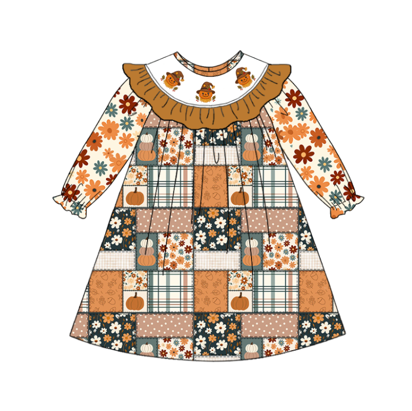Fall Scarecrow Smocked Embroidered Kids Collection | Boutique Patchwork Plaid Dress, Romper & Boys Outfit | Autumn Harvest Clothing