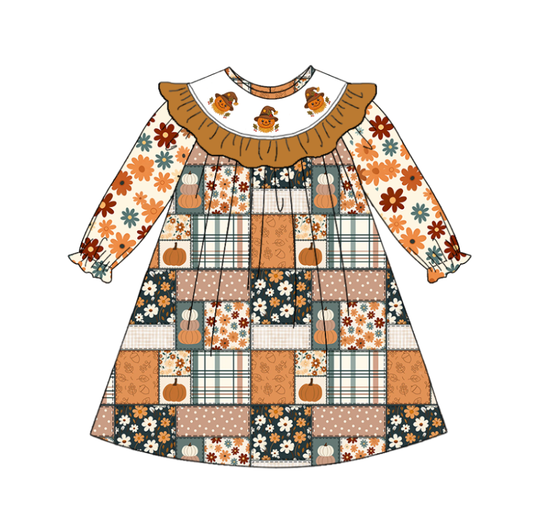 Fall Scarecrow Smocked Embroidered Kids Collection | Boutique Patchwork Plaid Dress, Romper & Boys Outfit | Autumn Harvest Clothing