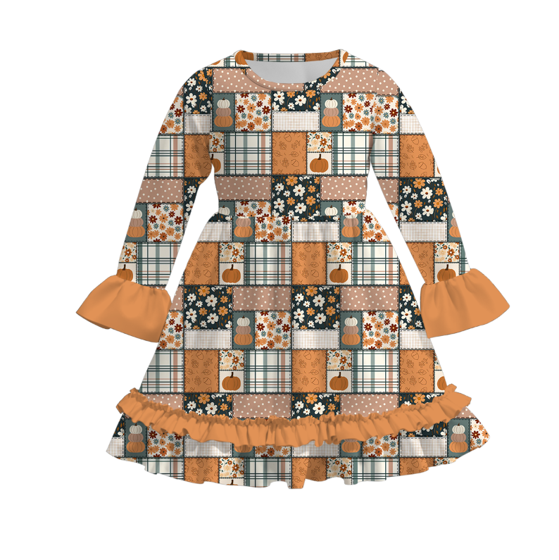 Fall Pumpkin Patchwork Twirl Dress & Ruffle Dress | Girls Boutique Long Sleeve Autumn Outfit | Halloween & Thanksgiving Collection