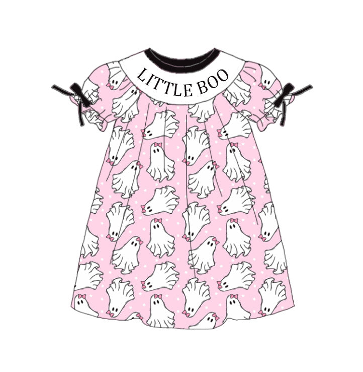 Halloween Little Boo Smocked Embroidered Girls Outfit | Boutique Pink Ghost Dress & Bloomer Set