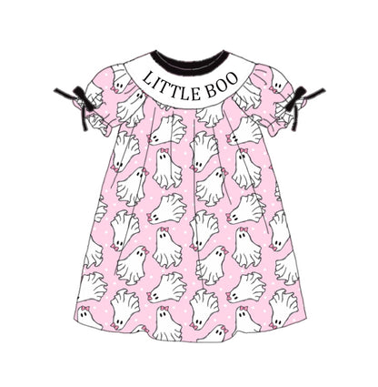 Halloween Little Boo Smocked Embroidered Girls Outfit | Boutique Pink Ghost Dress & Bloomer Set