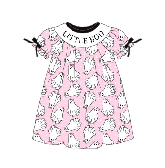 Halloween Little Boo Smocked Embroidered Girls Outfit | Boutique Pink Ghost Dress & Bloomer Set