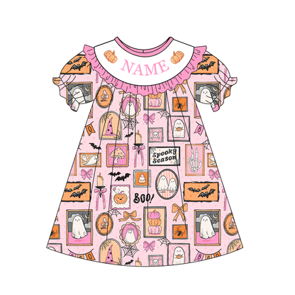 Personalized Pink Halloween Boutique Collection | Custom Name Ghost & Pumpkin Dress, Bubble Romper & Ruffle Pants Set