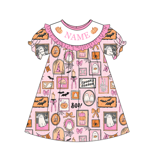 Personalized Pink Halloween Boutique Collection | Custom Name Ghost & Pumpkin Dress, Bubble Romper & Ruffle Pants Set