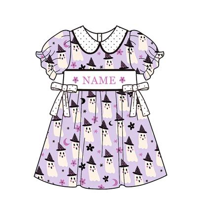 Personalized Halloween Smocked Embroidered Girls Dress | Custom Name Ghost Boutique Dress | Handmade Smocking Collection