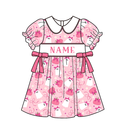 Personalized Halloween Smocked Embroidery Dress & Bubble Romper Set | Custom Name Pumpkin & Ghost Fall Outfit for Baby Girls & Kids