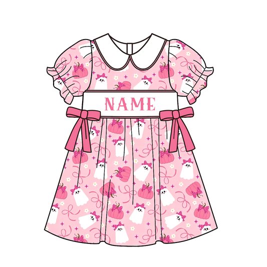 Personalized Halloween Smocked Embroidery Dress & Bubble Romper Set | Custom Name Pumpkin & Ghost Fall Outfit for Baby Girls & Kids