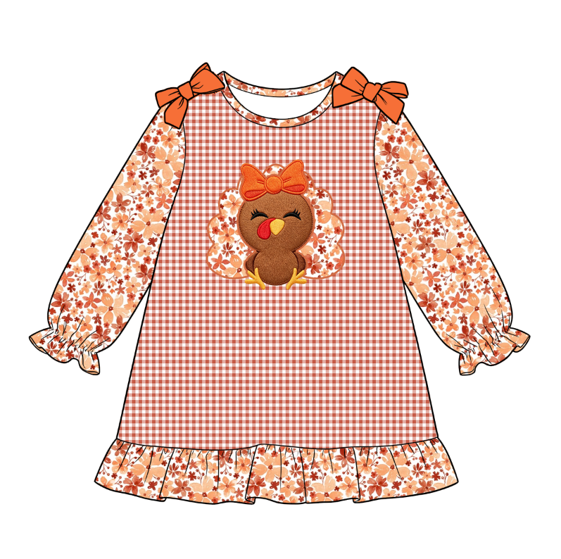 Thanksgiving Turkey Embroidery Sister Matching Outfit – Girls Dress & Baby Romper
