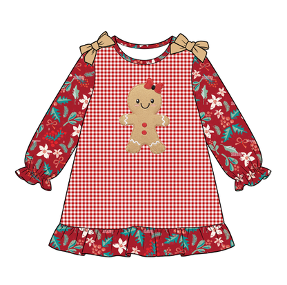 Christmas Gingerbread Embroidery Sister Matching Outfits – Girls Dress & Baby Romper