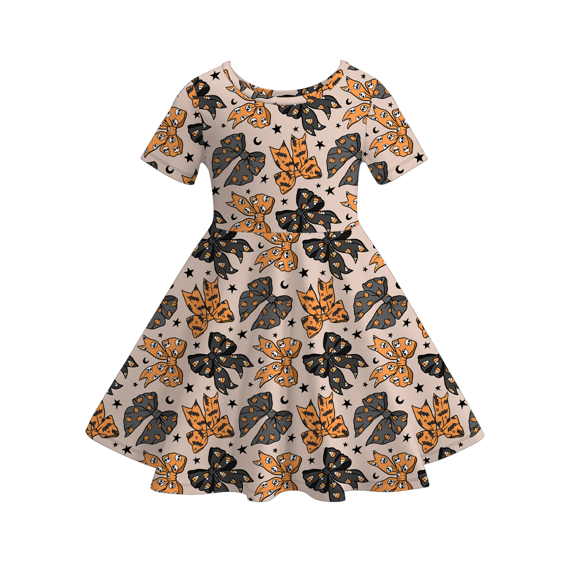 Girls Halloween Pumpkin Print Twirl Dress | Soft Short Sleeve A-Line Dress for Fall & Halloween
