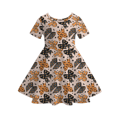 Girls Halloween Pumpkin Print Twirl Dress | Soft Short Sleeve A-Line Dress for Fall & Halloween
