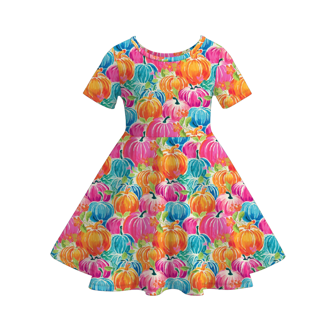 Girls Halloween Pumpkin Print Twirl Dress | Soft Short Sleeve A-Line Dress for Fall & Halloween