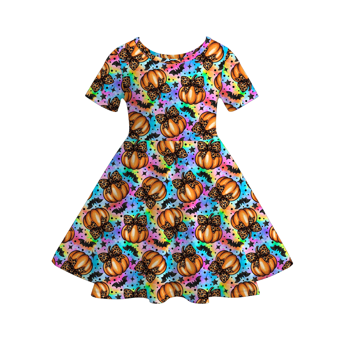 Girls Halloween Pumpkin Print Twirl Dress | Soft Short Sleeve A-Line Dress for Fall & Halloween