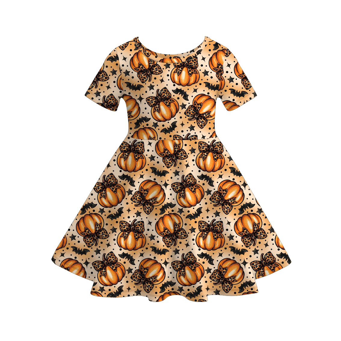 Girls Halloween Pumpkin Print Twirl Dress | Soft Short Sleeve A-Line Dress for Fall & Halloween