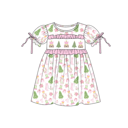 Pink Christmas Tree Smocked Embroidery Girls Holiday Outfits