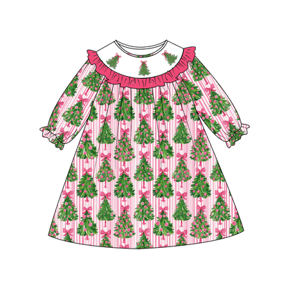 Christmas Tree Smocked Embroidery Sister Matching Outfits – Girls Holiday Dress & Baby Bubble Romper