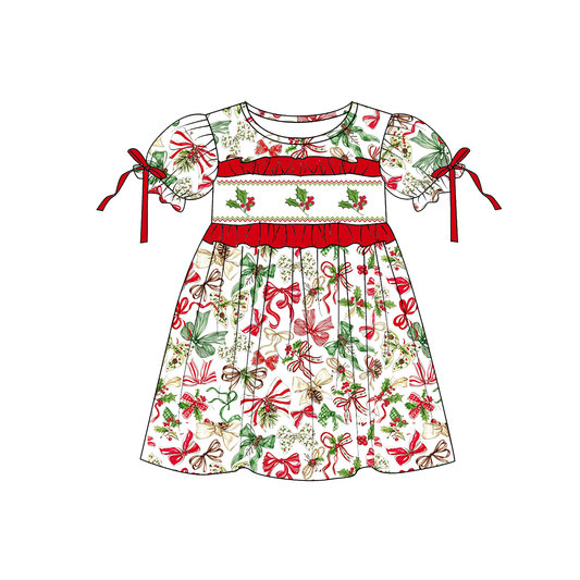 Christmas Holly Bow Smocked Embroidery Girls Holiday Outfits