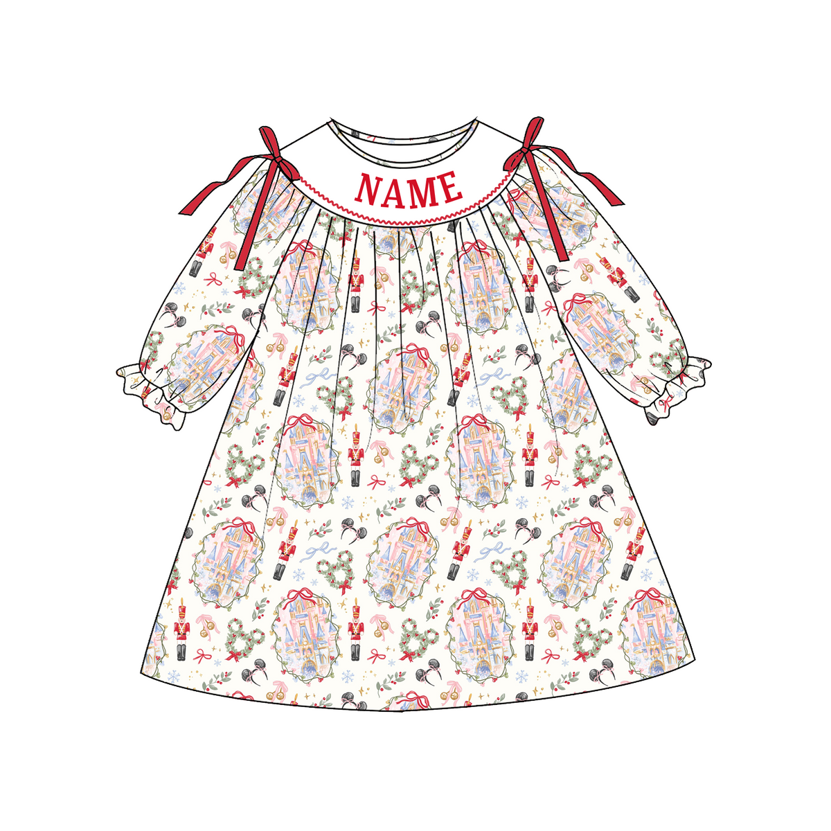 Personalized Christmas Girls Dress & Bloomer Set – Custom Name Holiday Castle Print Matching Sister Outfit