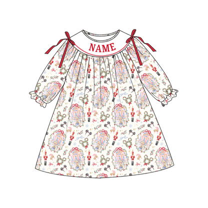 Personalized Christmas Girls Dress & Bloomer Set – Custom Name Holiday Castle Print Matching Sister Outfit
