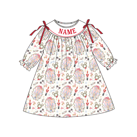 Personalized Christmas Girls Dress & Bloomer Set – Custom Name Holiday Castle Print Matching Sister Outfit