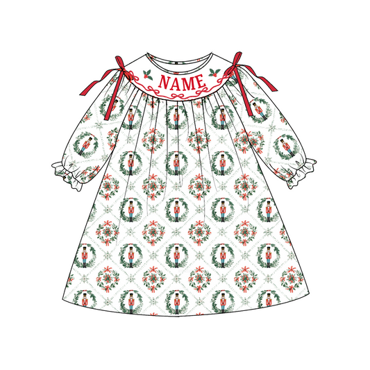 Personalized Christmas Smocked Embroidery Girls Outfit – Custom Name Nutcracker Dress, Ruffle Pants Set & Baby Bloomer Set