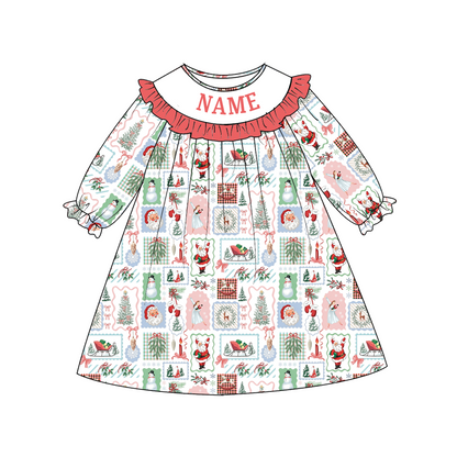 Personalized Christmas Girls Dress & Baby Romper – Custom Name Holiday Print Ruffle Sibling Outfit