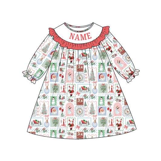Personalized Christmas Girls Dress & Baby Romper – Custom Name Holiday Print Ruffle Sibling Outfit