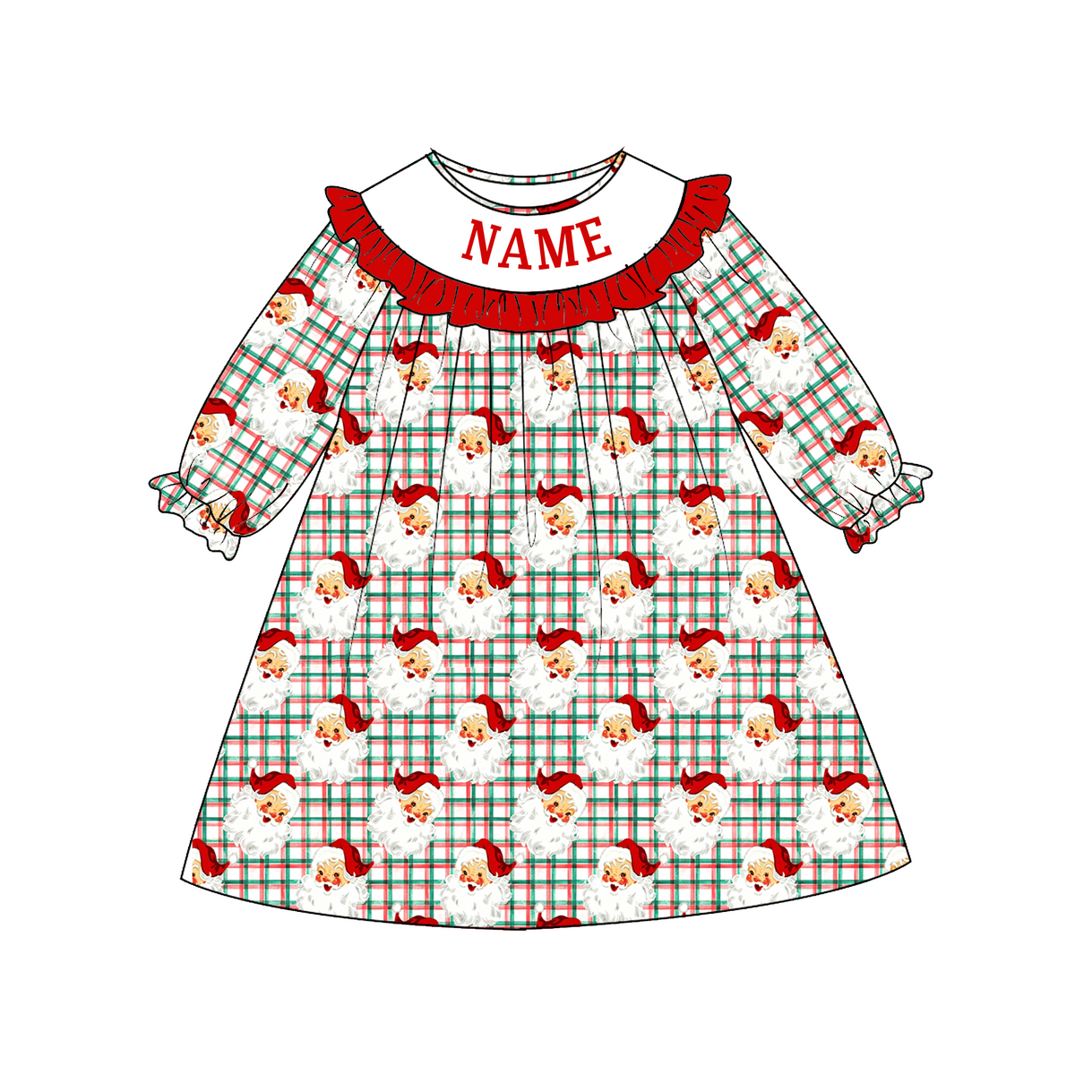Personalized Christmas Santa Smocked Embroidery Sibling Collection – Custom Name Girls Dress, Ruffle Set & Baby Romper