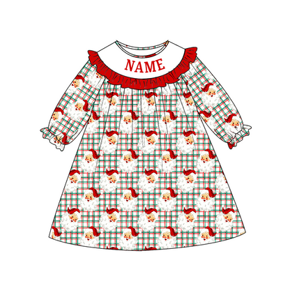 Personalized Christmas Santa Smocked Embroidery Sibling Collection – Custom Name Girls Dress, Ruffle Set & Baby Romper