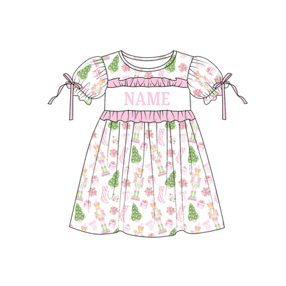 Personalized Pink Christmas Smocked Girls Outfit – Custom Name Nutcracker Dress, Ruffle Pants Set & Baby Romper