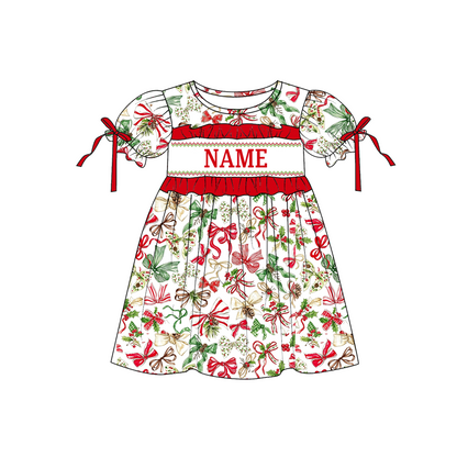 Personalized Christmas Bow Smocked Embroidery Girls Collection – Custom Name Holiday Dress, Pant Set & Baby Romper