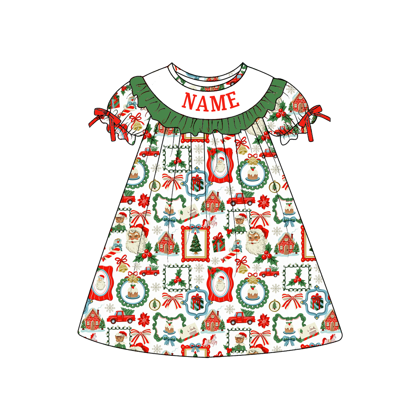 Personalized Christmas Smocked Dress & Baby Bubble Romper – Custom Name Embroidered Holiday Outfit for Girls