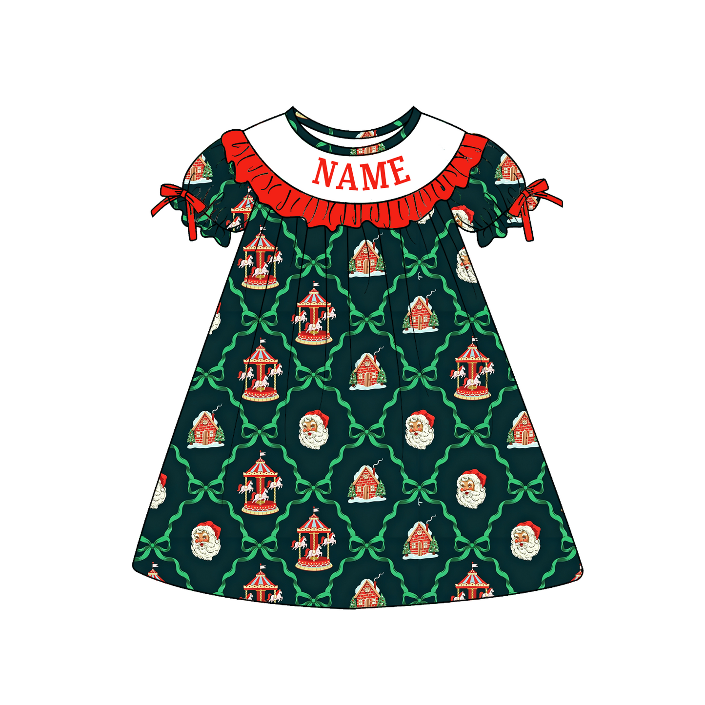 Personalized Christmas Santa Smocked Sister Matching Outfit – Girls Dress & Baby Romper