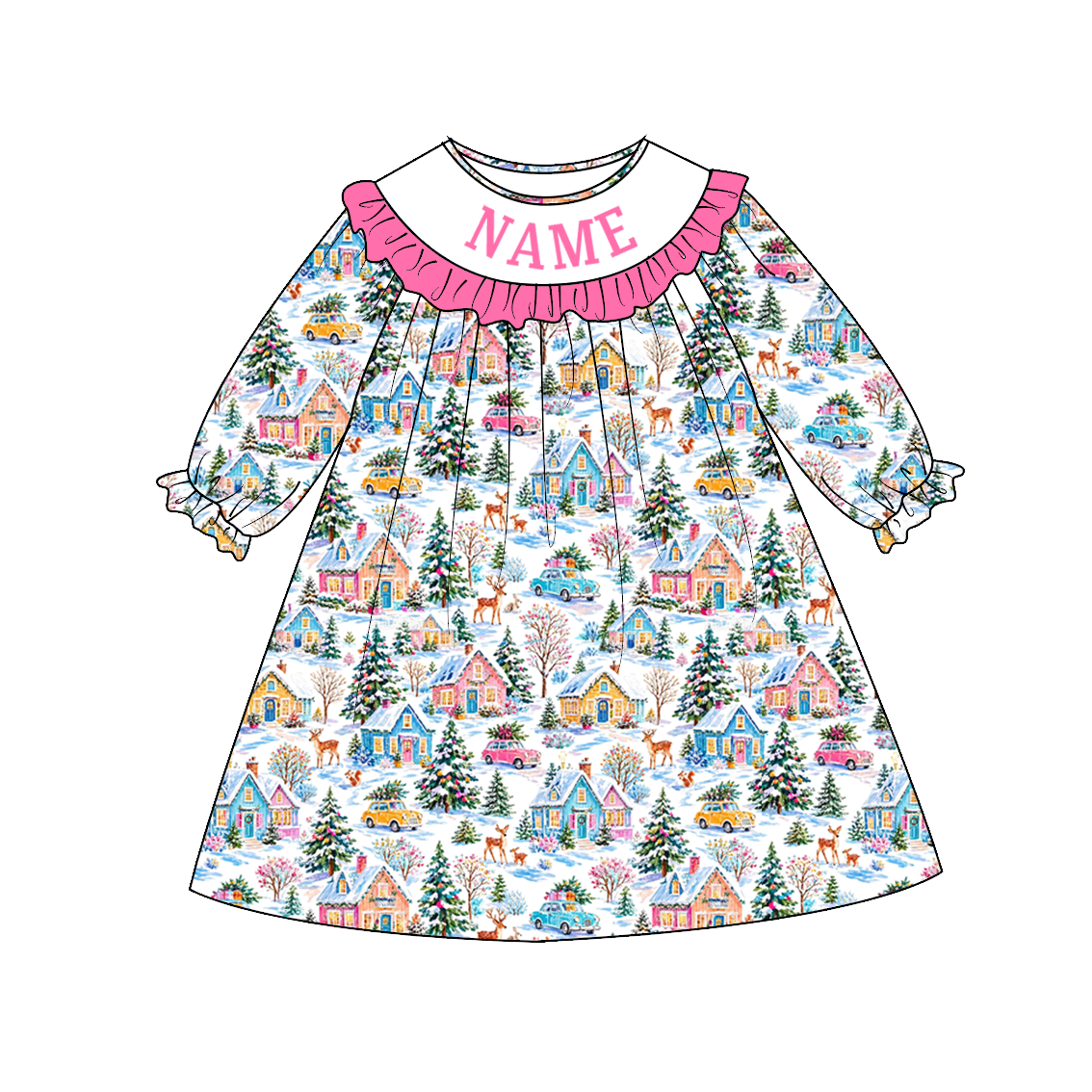 Personalized Girls Christmas Smocked Outfits – Custom Name Embroidery Winter Village Print Dress, Ruffle Pants Set & Baby Romper