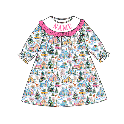 Personalized Girls Christmas Smocked Outfits – Custom Name Embroidery Winter Village Print Dress, Ruffle Pants Set & Baby Romper