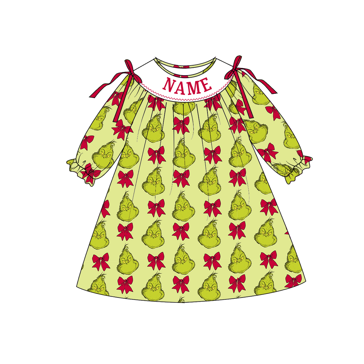Girls Christmas Personalized Smocked Outfit – Custom Name Embroidery Grinch-Inspired Holiday Dress, Ruffle Pants Set & Baby Romper