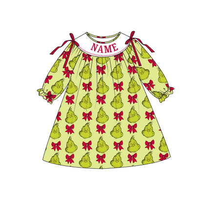 Girls Christmas Personalized Smocked Outfit – Custom Name Embroidery Grinch-Inspired Holiday Dress, Ruffle Pants Set & Baby Romper