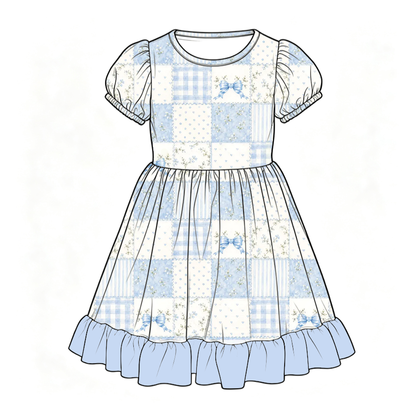 Christmas Blue & Pink Patchwork Family Matching Collection – Girls Dress, Romper, Skirt & Flare Pant Sets, Women’s Maxi Dress