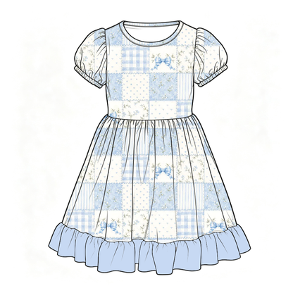 Christmas Blue & Pink Patchwork Family Matching Collection – Girls Dress, Romper, Skirt & Flare Pant Sets, Women’s Maxi Dress