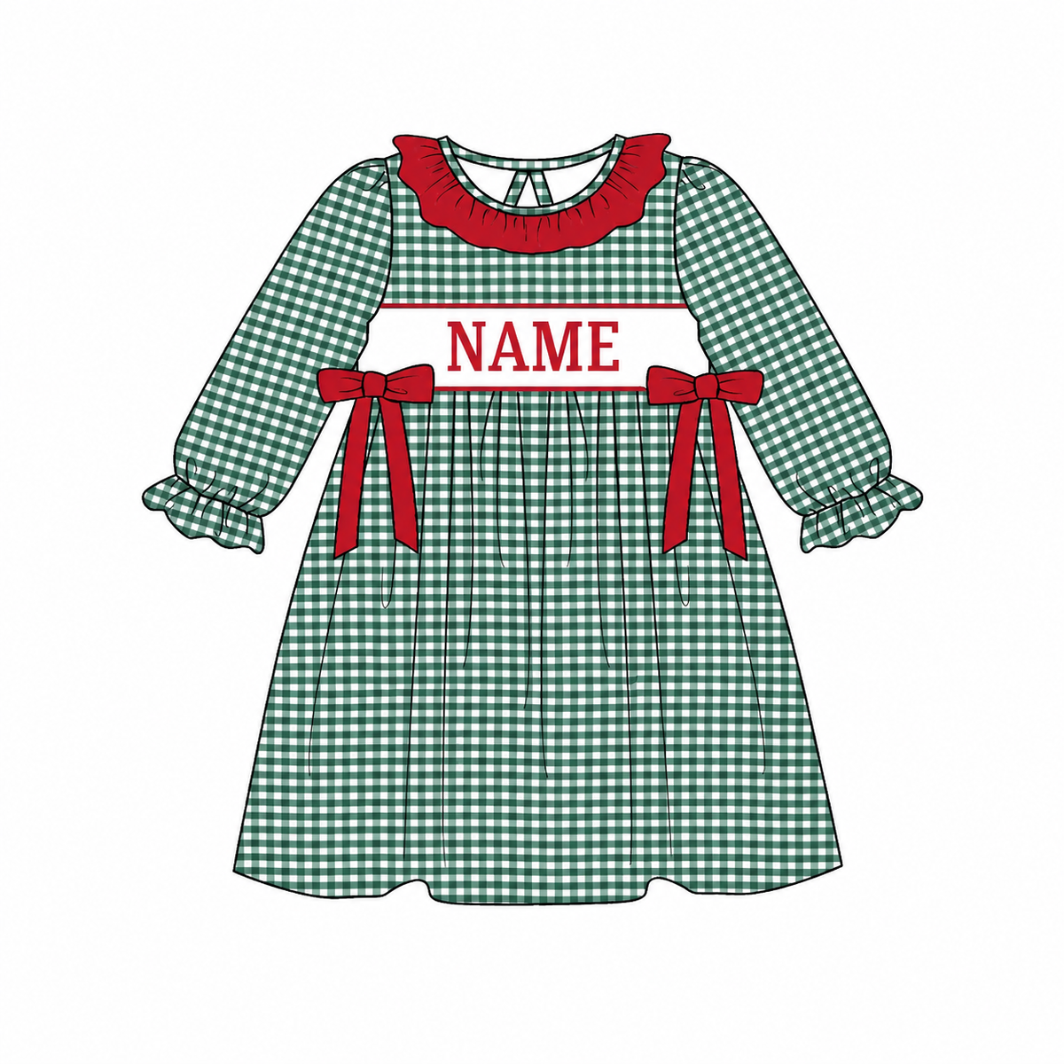 Personalized Christmas Green Gingham Smocked Outfits – Custom Name Embroidery Girls Dress, Baby Romper & Boys Pants Set