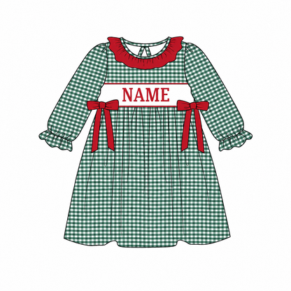 Personalized Christmas Green Gingham Smocked Outfits – Custom Name Embroidery Girls Dress, Baby Romper & Boys Pants Set