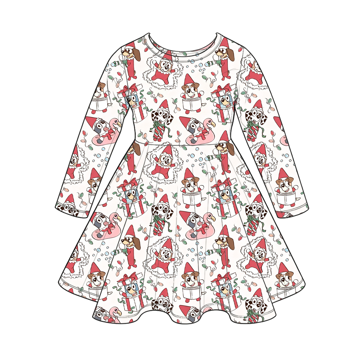 Girls Christmas Long Sleeve Twirl Dress – Festive Holiday Character Print Boutique Dress