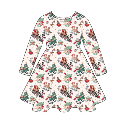 Girls Christmas Long Sleeve Twirl Dress – Festive Holiday Character Print Boutique Dress