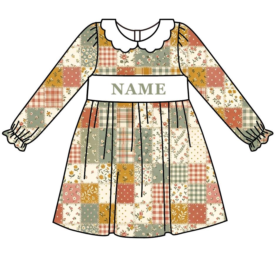 Personalized Girls Fall Floral Smocked Dress & Baby Romper – Custom Name Embroidery Long Sleeve Sister Matching Outfits