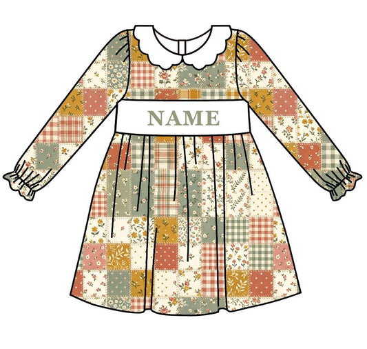Personalized Girls Fall Floral Smocked Dress & Baby Romper – Custom Name Embroidery Long Sleeve Sister Matching Outfits