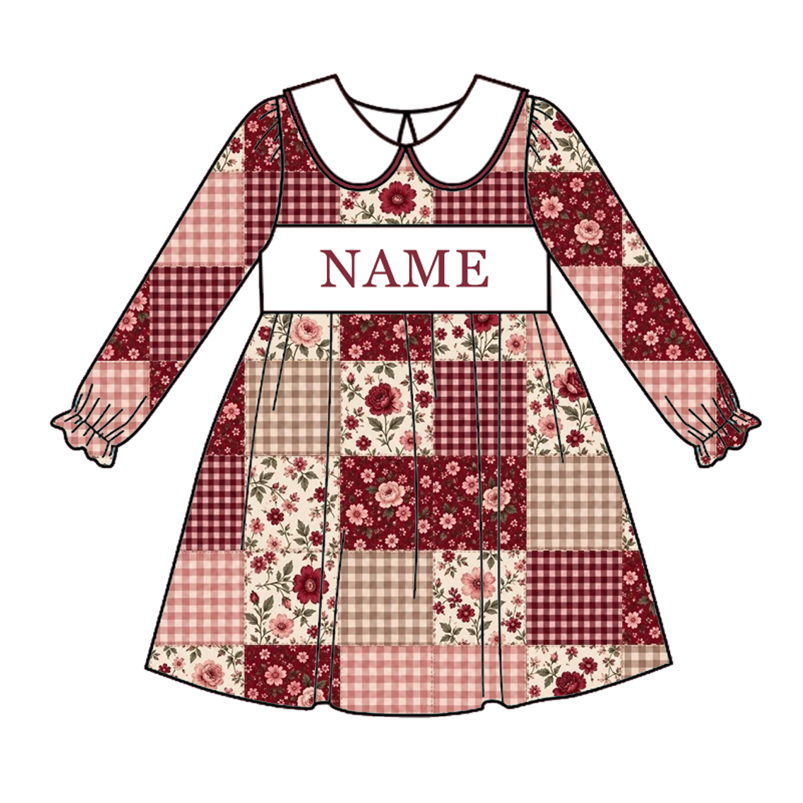Personalized Girls Fall Winter Smocked Outfits – Custom Name Embroidery Floral Patchwork Dress, Bell Bottom Pants Set & Baby Romper