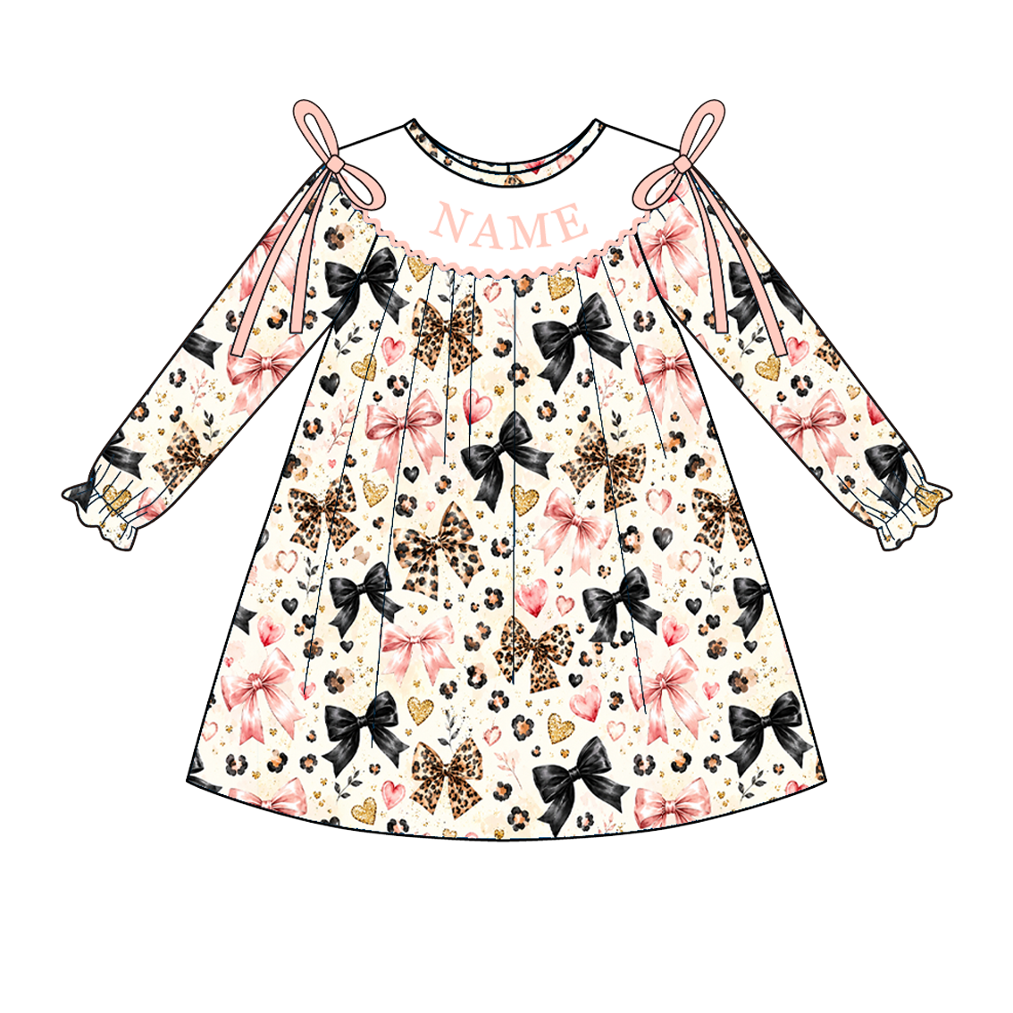 Personalized Girls Valentine's Day Bow & Leopard Print Smocked Outfits – Custom Name Embroidery Dress, Ruffle Pants Set & Baby Bloomer Set