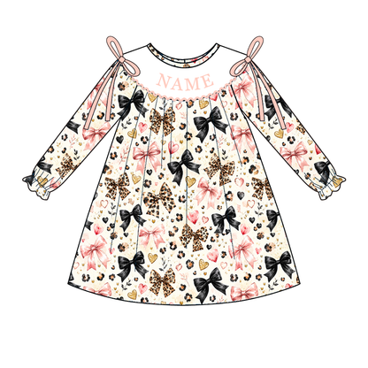 Personalized Girls Valentine's Day Bow & Leopard Print Smocked Outfits – Custom Name Embroidery Dress, Ruffle Pants Set & Baby Bloomer Set